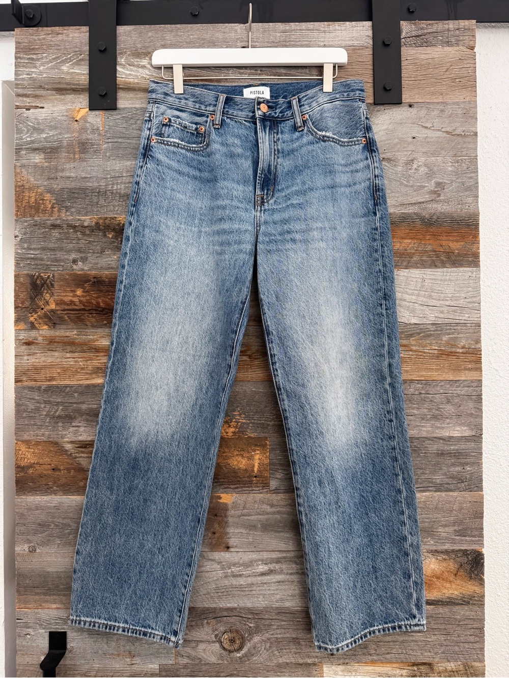 pistola Lexi Mid Rise Bowed Straight Jeans in Metropolis Wash